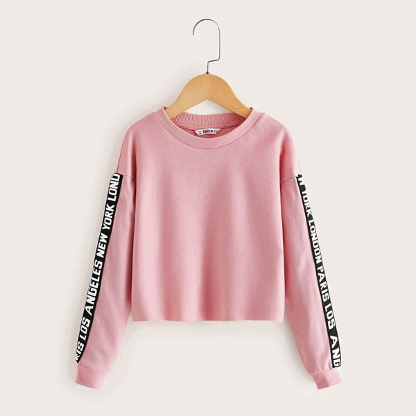 

Girls Letter Tape Sleeve Sweatshirt, Pink pastel