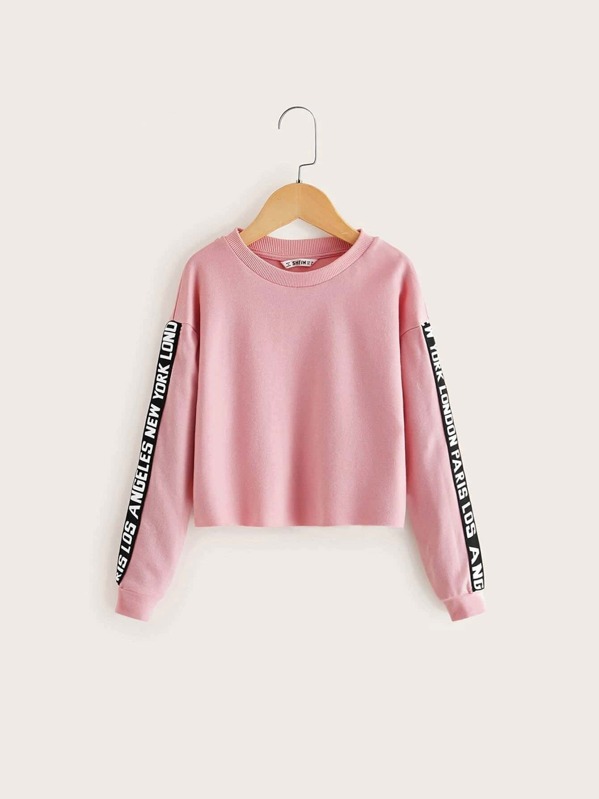 

Girls Letter Tape Sleeve Sweatshirt, Pink