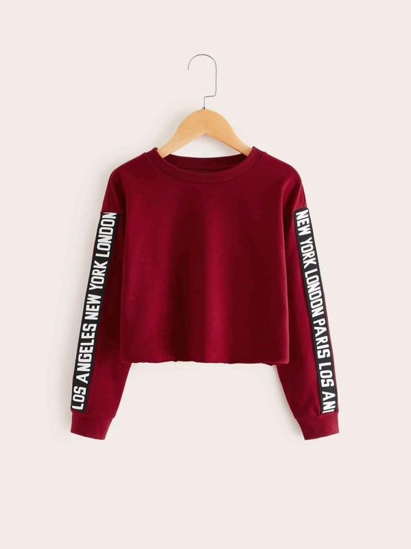 

Girls Letter Tape Sleeve Sweatshirt, Burgundy