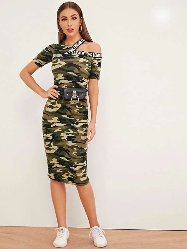 

Asymmetrical Neck Letter Tape Detail Camo Pencil Dress, Multicolor, Hanna