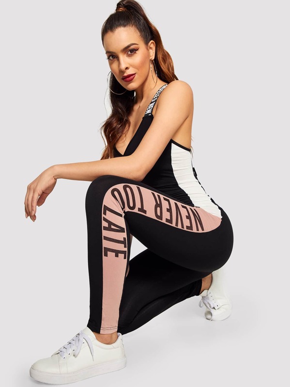 

Color-block Letter Graphic Strap Tank Jumpsuit, Black, DANI A