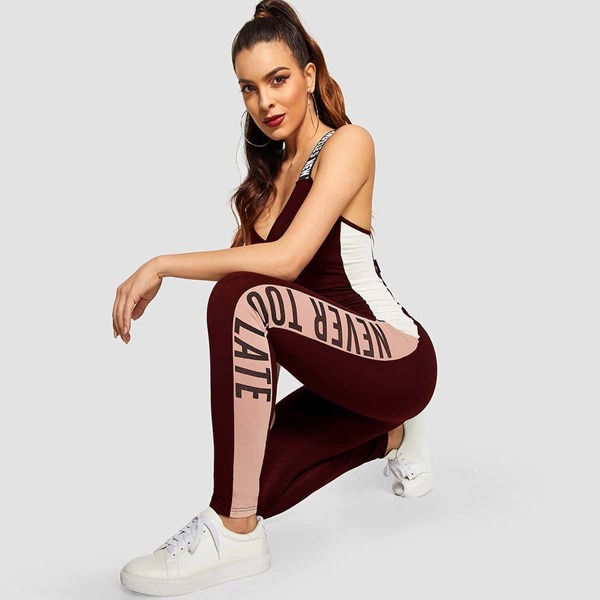 

Colorblock Lettering Strap Tank Jumpsuit, Burgundy