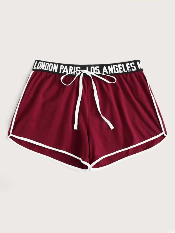 

Contrast Binding Tie Front Slogan Tape Shorts, Burgundy