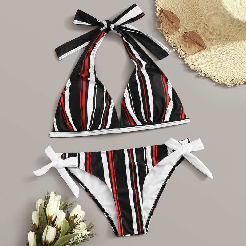 

Striped Halter Triangle Top With Knot Side Bikini Set, Multicolor