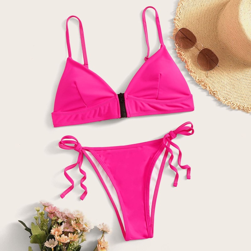 

Neon Pink Zipper Triangle Top With Tie Side Bikini Set, Pink bright