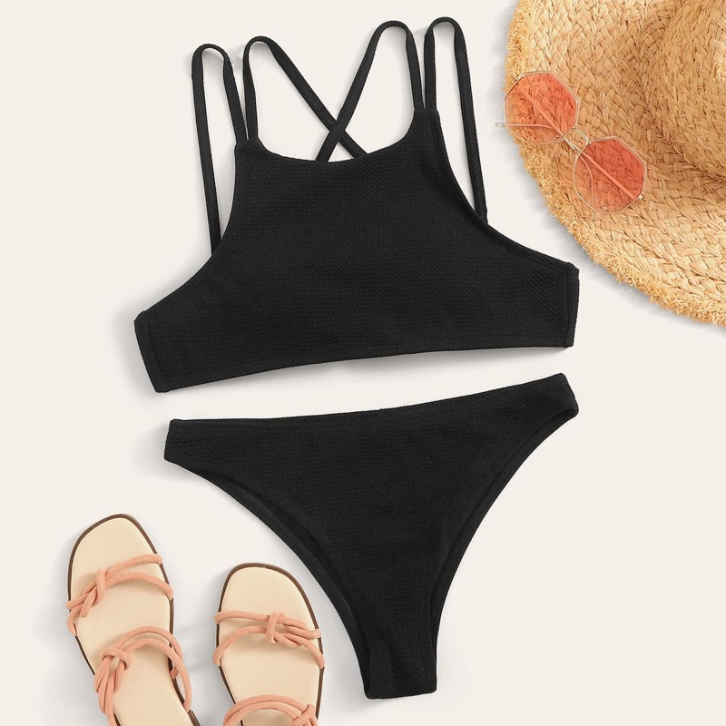 

Crisscross Tie Back Bikini Set, Black