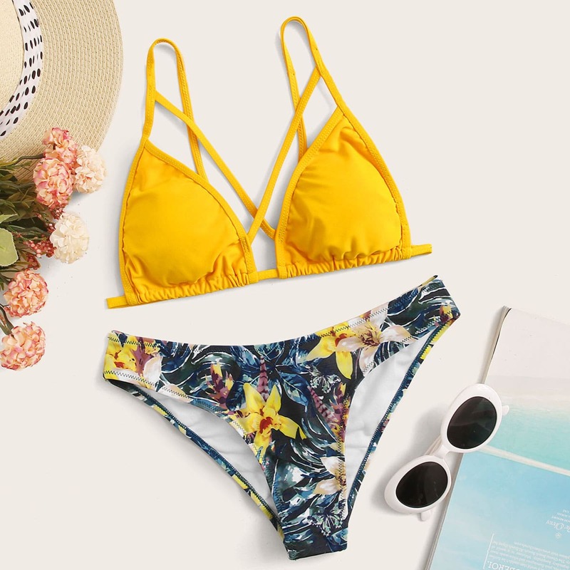 

Tie Back Triangle Top With Floral Panty Bikini Set, Multicolor