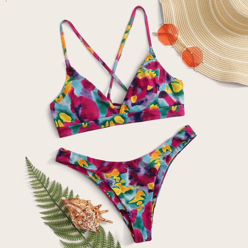 

Tie Dye Crisscross Top With High Cut Bikini Set, Multicolor