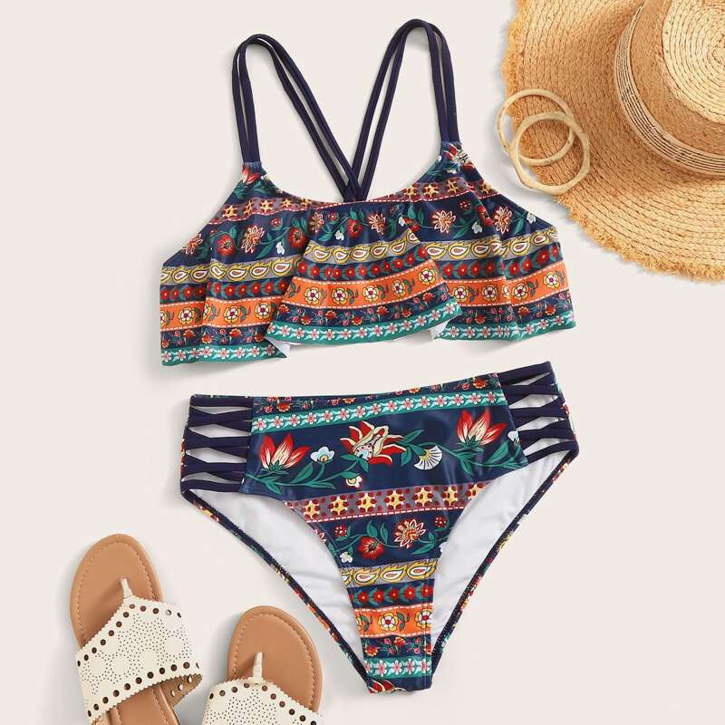 

Tribal Crisscross Back Ladder Cut Out Bikini Set, Multicolor