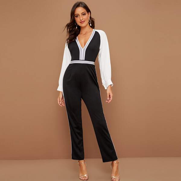 

Colorblock Contrast Tape Raglan Sleeve Jumpsuit, Black and white