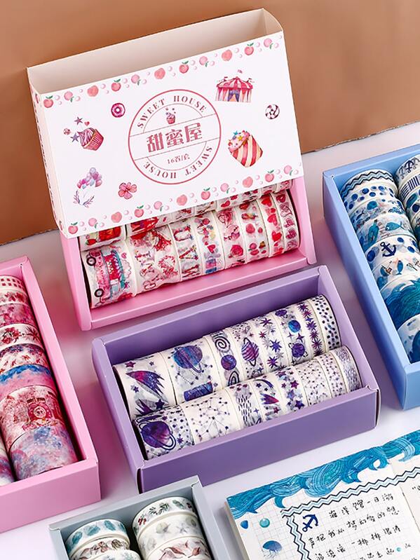 

16rolls Mixed Pattern Masking Tape With 8sheets Sticker