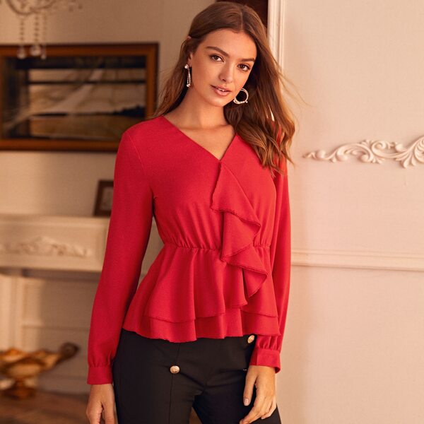 

V-neck Ruffle Trim Blouse, Red
