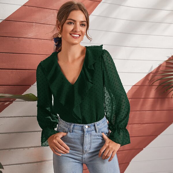 

Ruffle Trim Swiss Dot Blouse, Dark green