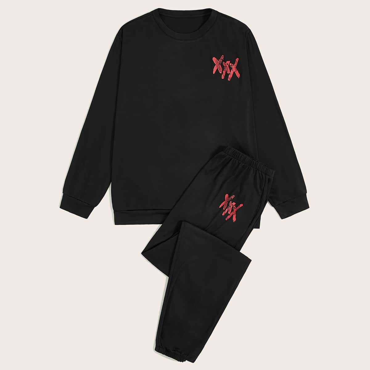 

Guys Graphic Print Sweatshirt & Pants PJ Sets, Black