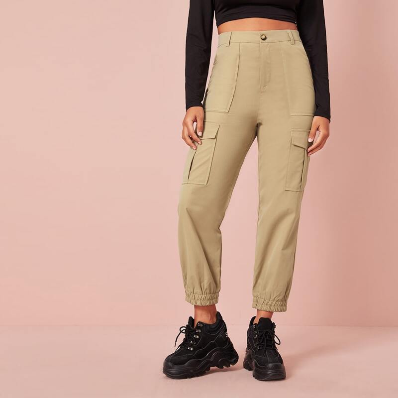 

Flap Pocket Solid Cargo Pants, Khaki