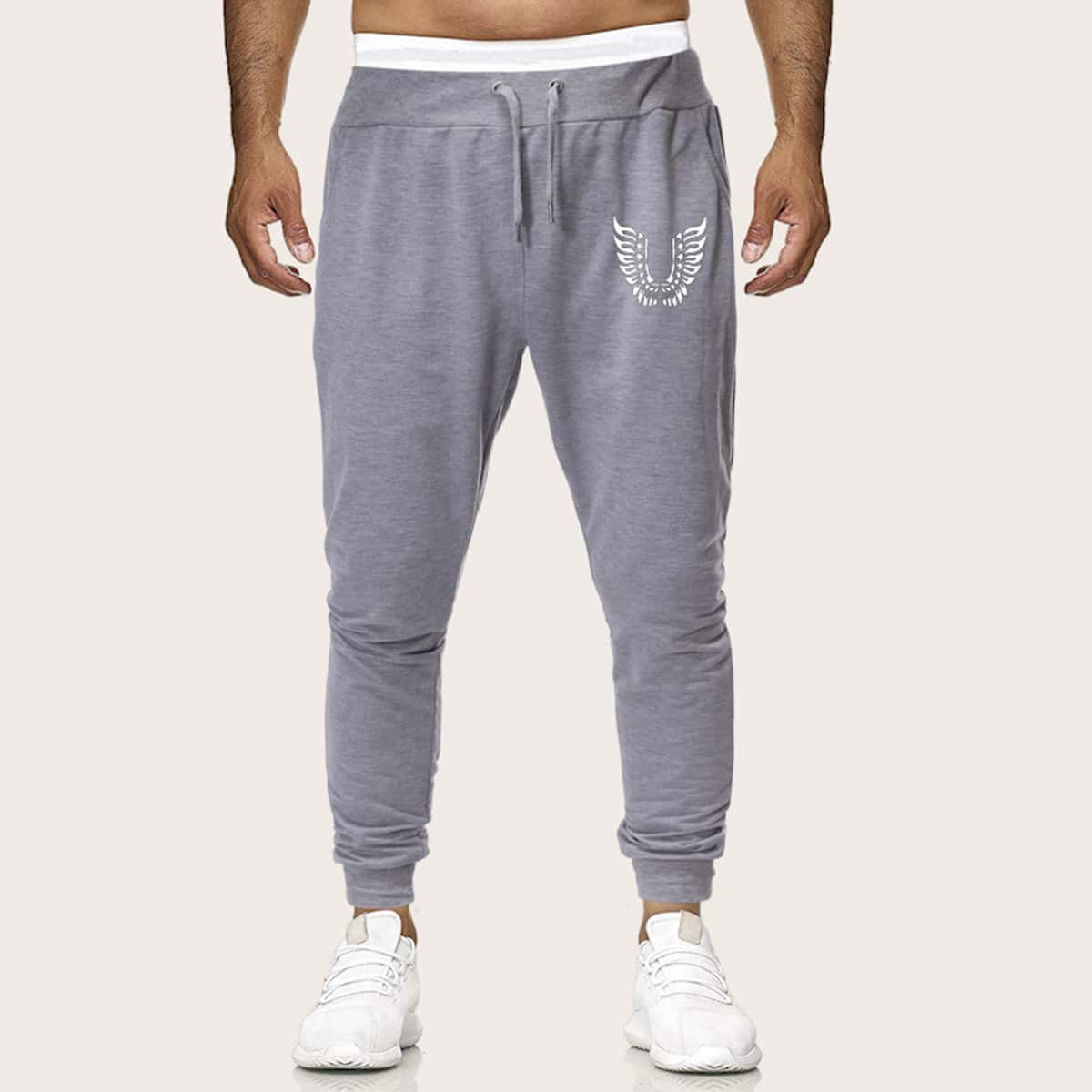 

Guys Graphic Print Drawstring Sweatpants, Grey