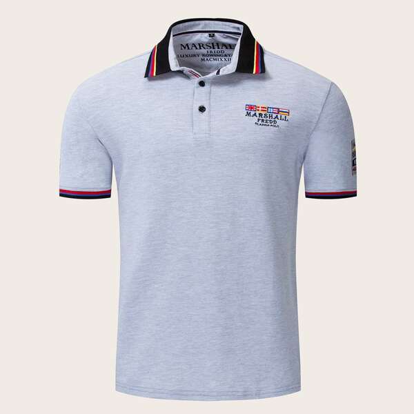 

Men Letter Embroidery Stripe Trim Polo Shirt, Grey