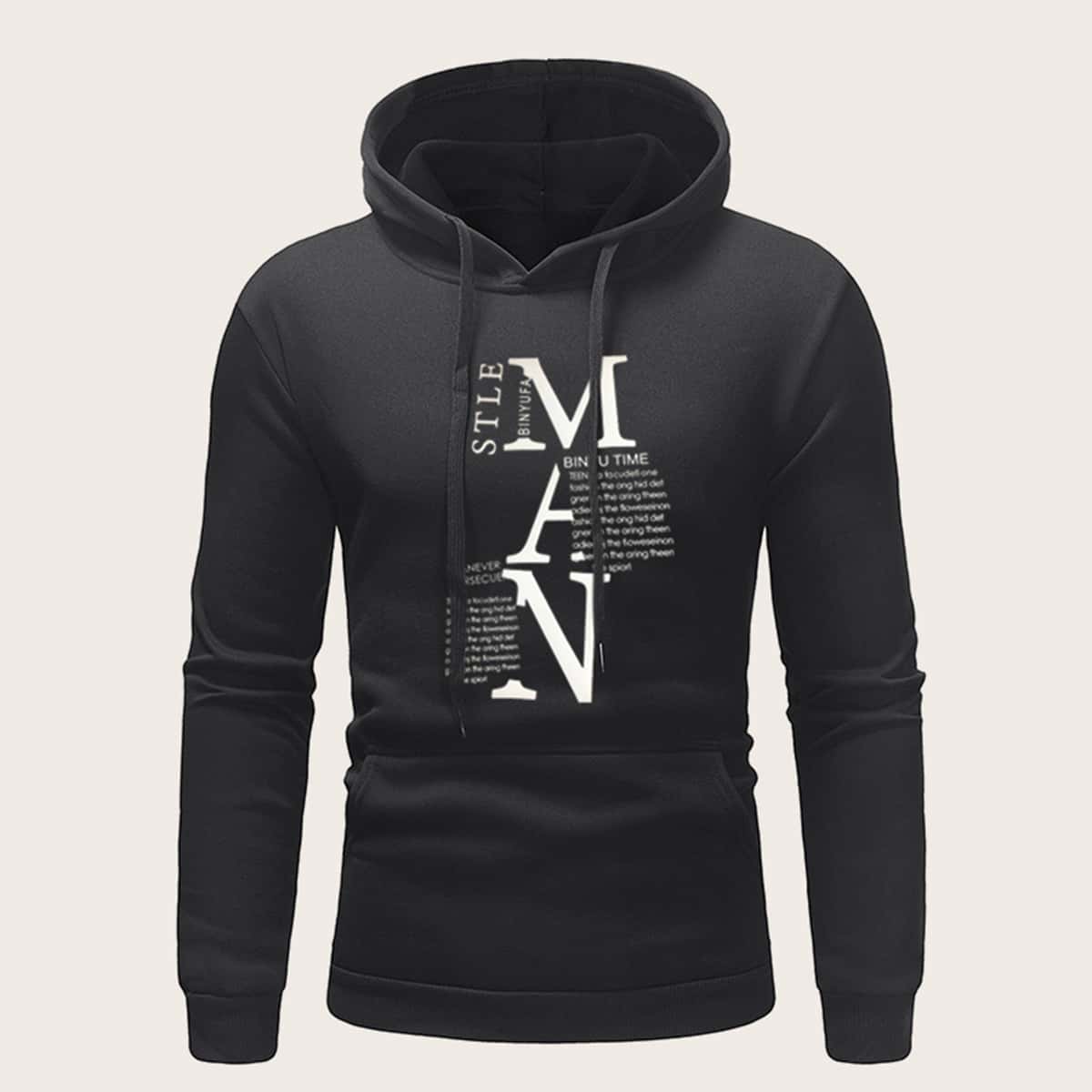 

Guys Letter Graphic Drawstring Hoodie, Black