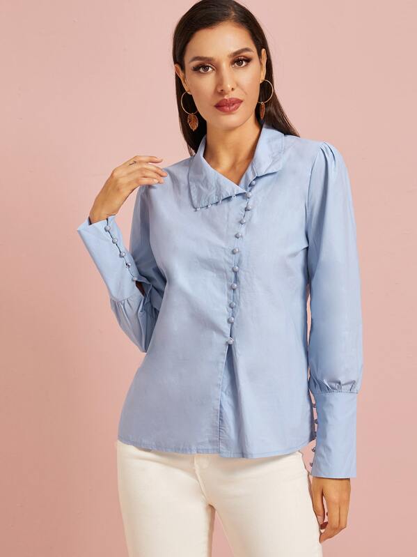 

Single Breasted Curved Hem Blouse, Blue, ZulcarD