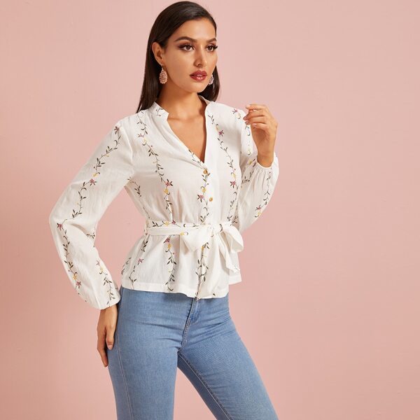 

Floral Print Curved Hem Belted Blouse, White