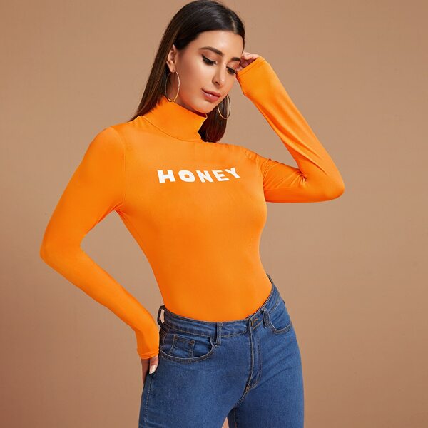 

Neon Orange Letter Print Bodysuit, Orange bright