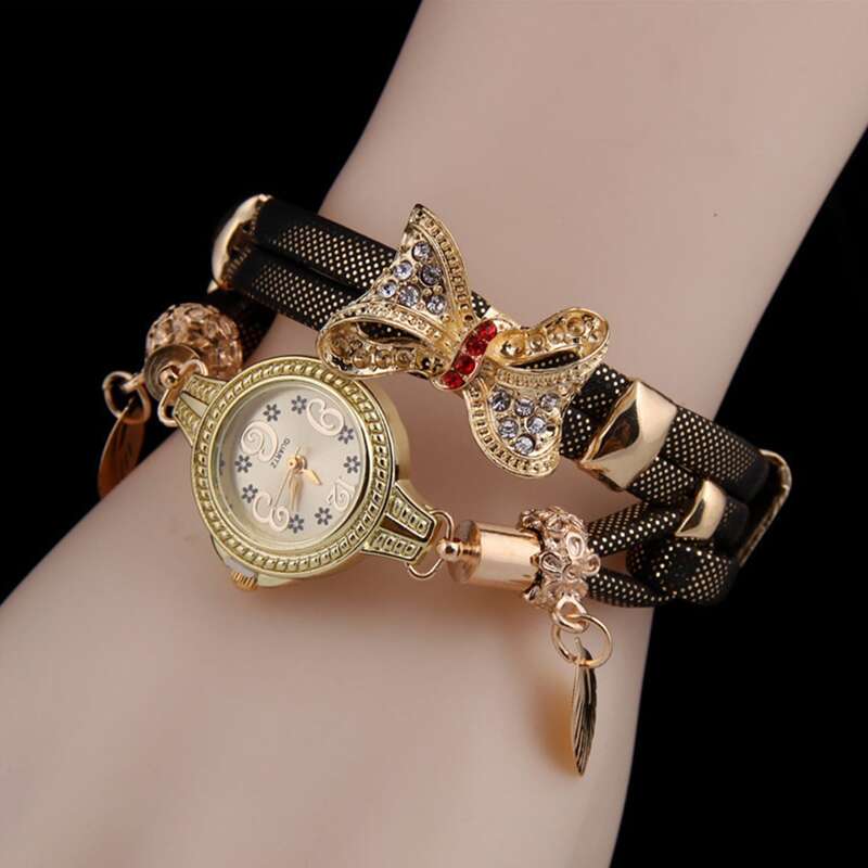 

Rhinestone Bow Decor Leather Strap Bracelet Watch