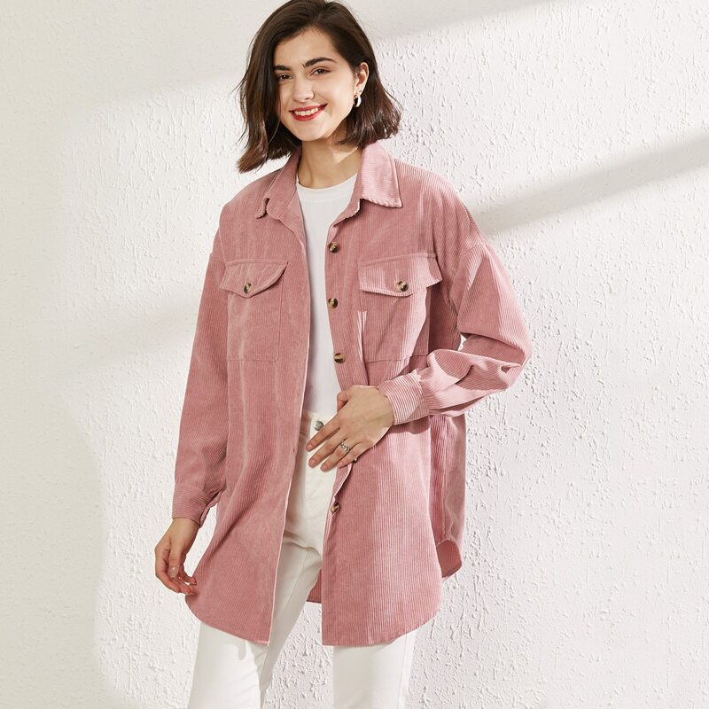 

Curved Hem Flap Pocket Corduroy Coat, Pink