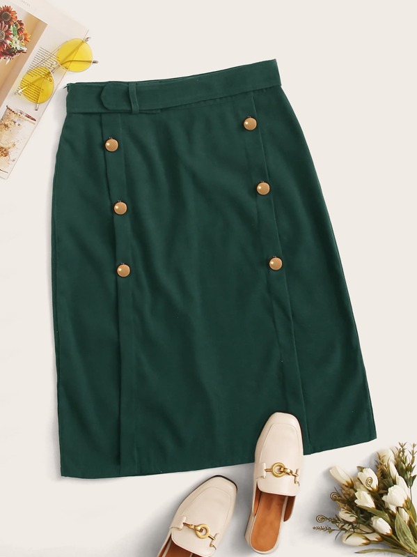 

Double Breasted Straight Hem Skirt, Green