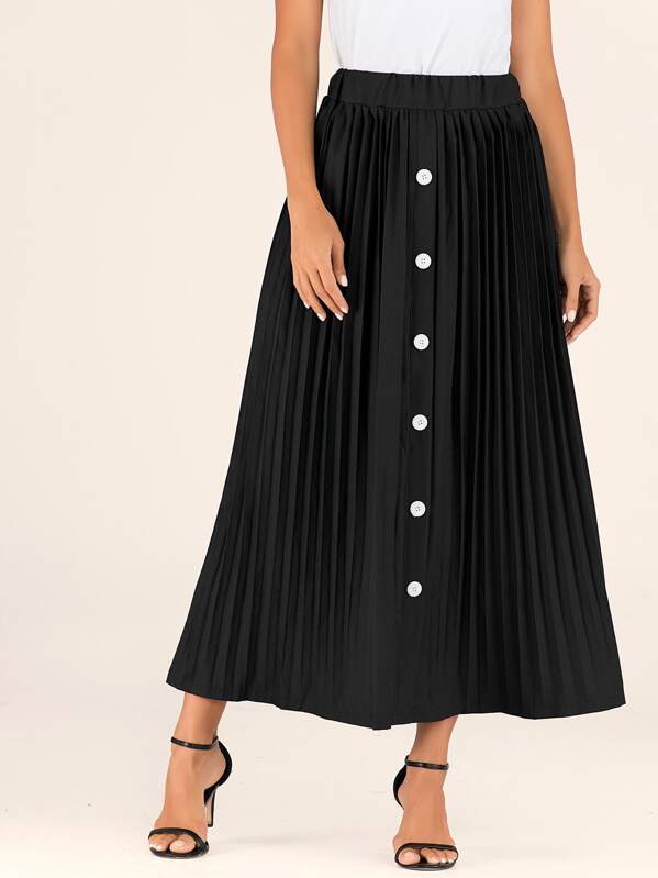 

Button Up Pleated Skirt, Black, Jeane