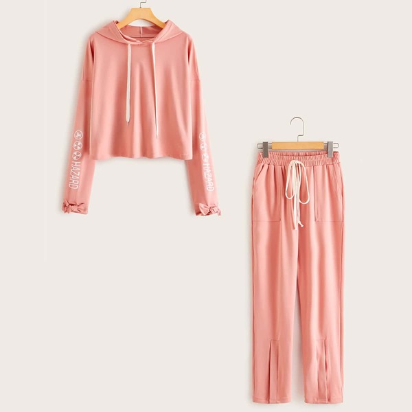 

Knot Cuff Letter Print Hoodie & Drawstring Pants Set, Pink