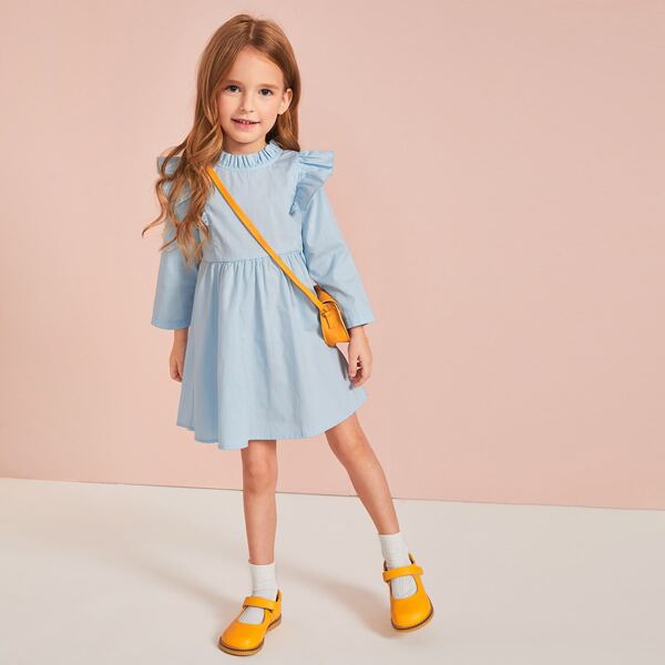 

Toddler Girls Frill Neck Ruffle Trim Dress Without Bag, Blue