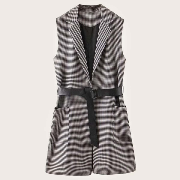 

Dual Pockets Belted Houndstooth Blazer Vest, Black and white