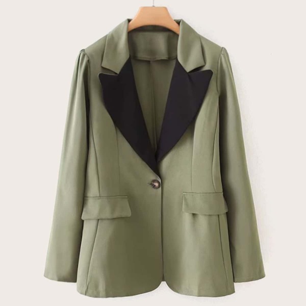 

Contrast Neckline Single Button Blazer, Army green