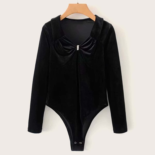 

V-neck Rhinestone Bow Velvet Bodysuit, Black