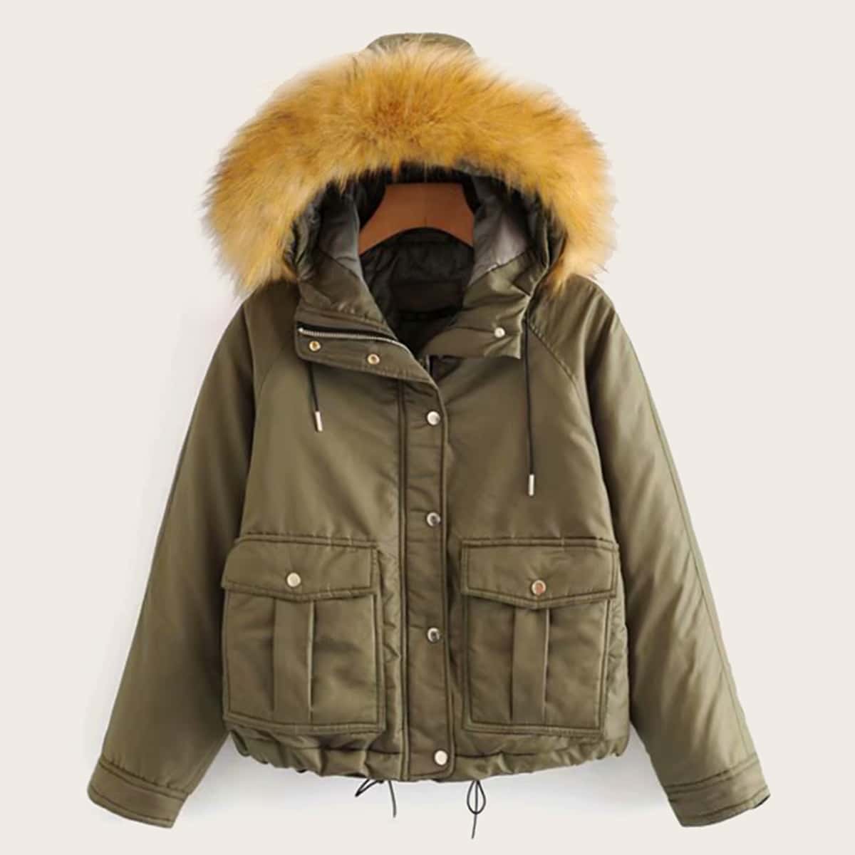 

Cargo Pocket Contrast Faux Fur Hooded Puffer Jacket, Army green