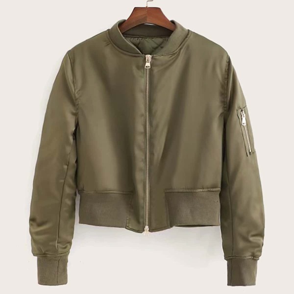 

Solid Ruched Sleeve Puffer Bomber Jacket, Army green