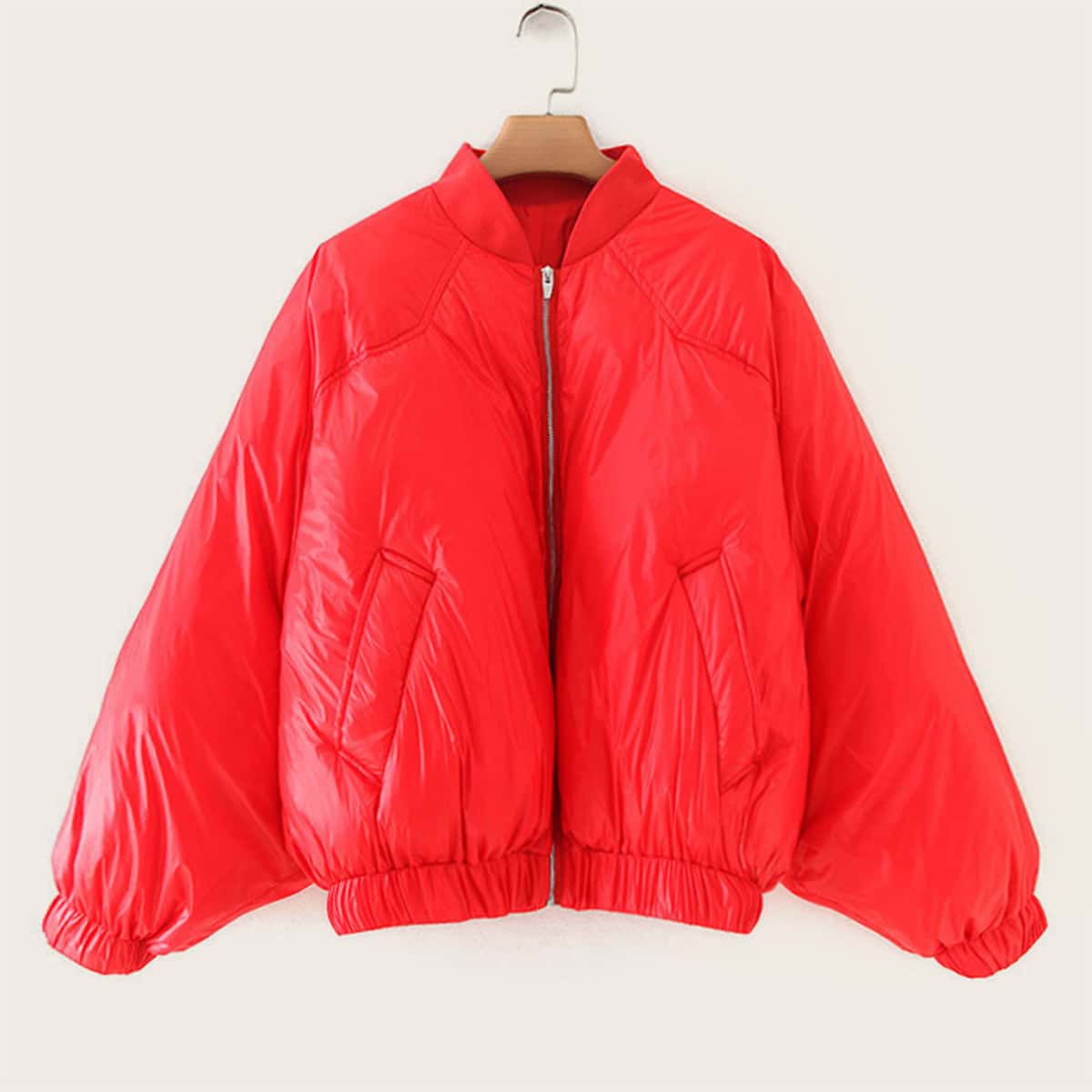 

Slant Pockets Oversized Puffer Jacket, Red bright