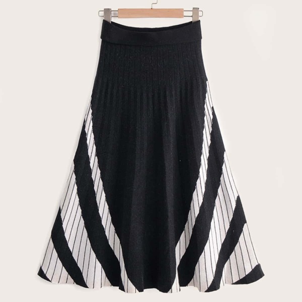 

Color-block Stripe Pattern Plicated Sweater Skirt