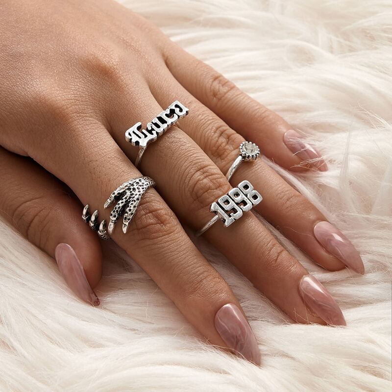

4pcs Letter & Finger Ring Set, Silver