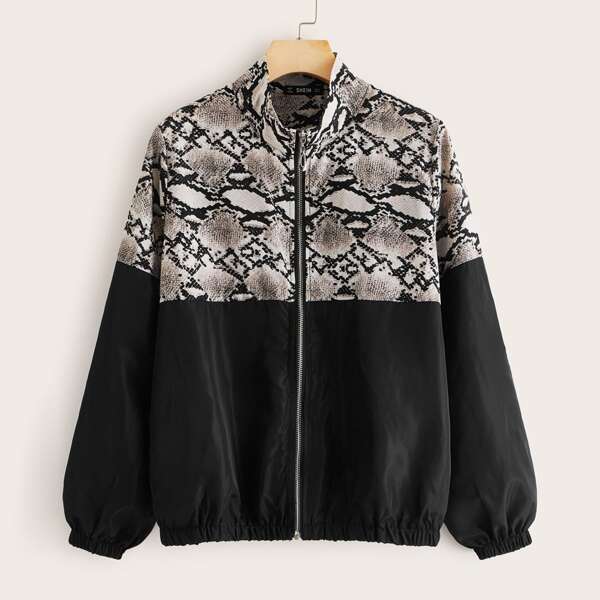 

Snakeskin Color-block Zipper Windbreaker Jacket, Multicolor