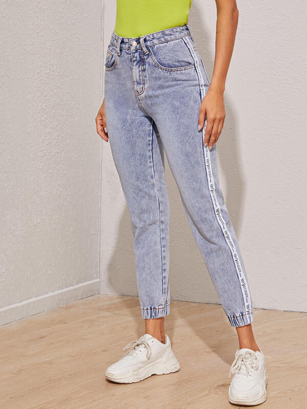 

Contrast Tape Side Elastic Hem Jeans, Blue, Andy