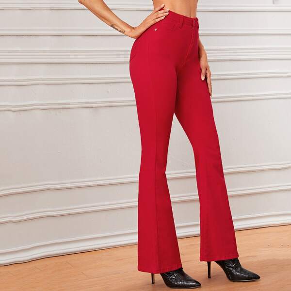 

High Waist Flare Leg Jeans, Red bright
