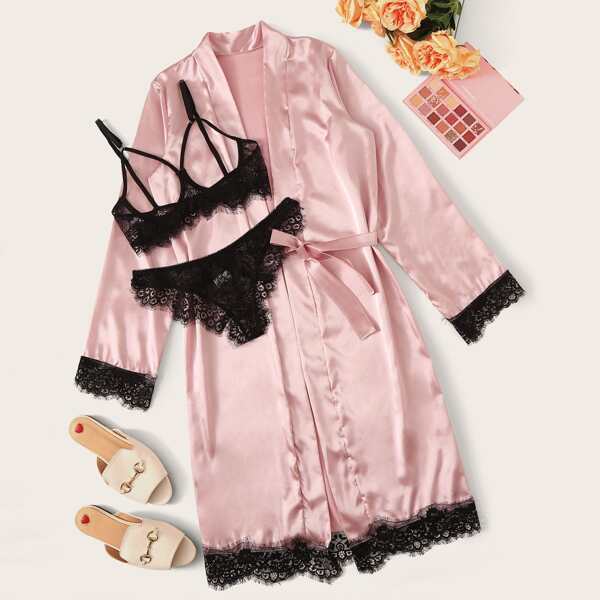 

Floral Lace Underwire Lingerie Set With Belted Satin Robe, Multicolor