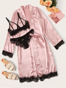 Floral Lace Underwire Lingerie Set With Belted Satin Robe