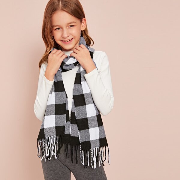 

Kids Plaid Pattern Tassel Scarf, Multicolor
