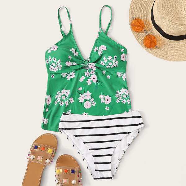 

Floral Print Top With Striped Panty Tankini, Multicolor