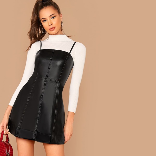 

Buttoned Front PU Leather Slip Dress Without Tee, Black
