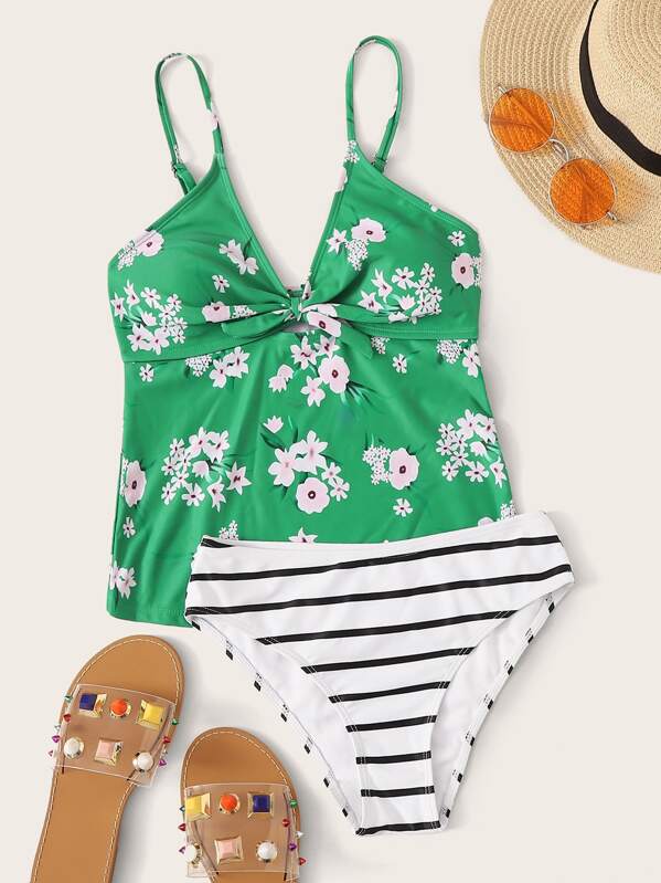 

Floral Print Top With Striped Panty Tankini, Multicolor