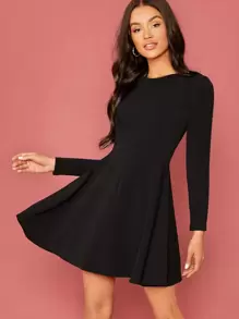 SHEIN Zipper Back Solid Flare Dress - Black - View 1