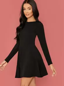 SHEIN Zipper Back Solid Flare Dress - Black - View 3